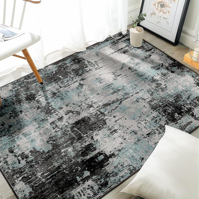 RELEANY Washable Area Rugs 3'x5' Non-Slip Modern Abstract Soft for Living Room Entryway Bedroom Kitchen, Print Pattern, Blue Black Teal