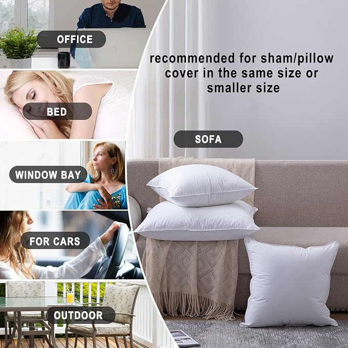 HITO 20x20 Pillow Inserts (Set of 2) - Down Alternative 100% Cotton Cover Decorative Square Throw Pillows White for Couch Bed Sofa