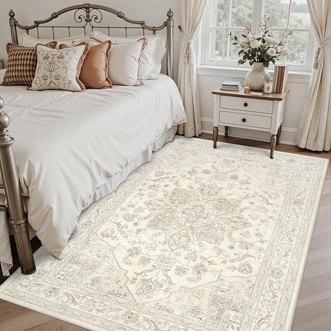 4x6 Area Rugs for Living Room: Vintage Boho Neutral Washable Rug Indoor Soft Large Area Rug Carpet for Bedroom Nursery Farmhouse Dining Room Office Floor Non-Slip Low Pile Under Table Rug Beige White