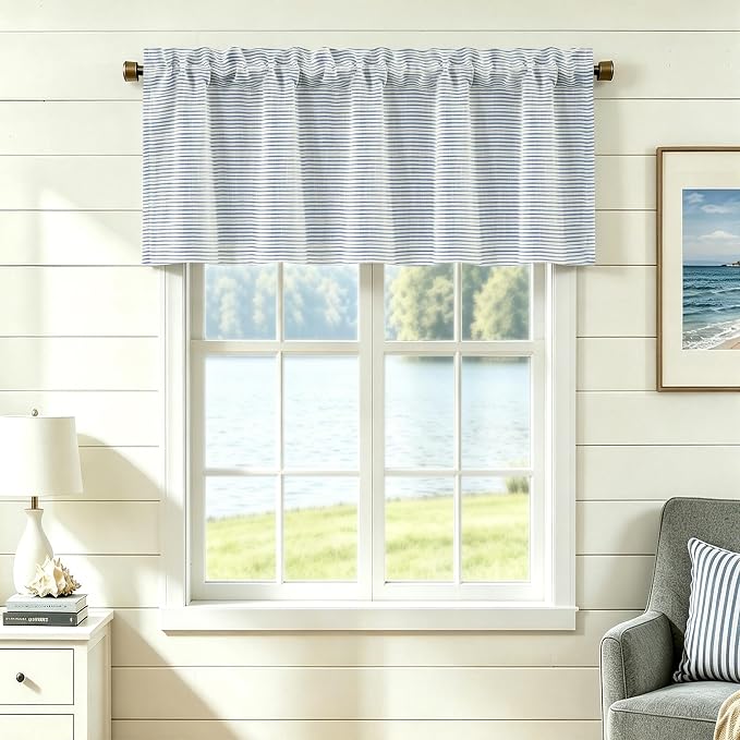 DriftAway Blackout Linen Ticking Striped Curtain Valance 18 Inches Navy | Double Layer Farmhouse Country Rustic Stripe Yarn Dyed Woven Thermal Insulated Rod Pocket Valance for Living Room