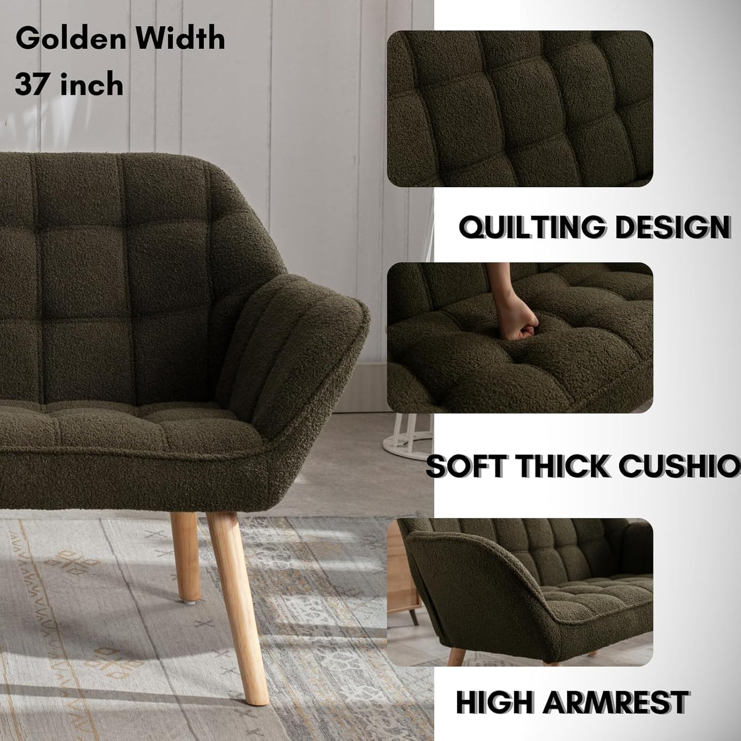 48”Small Loveseat Sofa, Modern Sherpa Upholstered Mini Couch 2-Seater Fluffy Love Seat with Quilting Backs and Wood Legs for Small Space, Living Room, Bedroom, Green