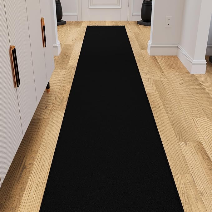 Ottomanson Hallway Runner Rug – Non-Slip Low Pile Carpet Runner for Entryway, Stain Resistant & Easy to Clean, Solid Black, 1'10.5" x 14'