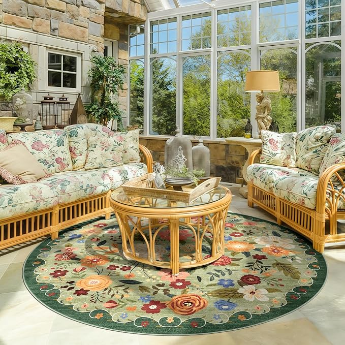 6ft Round Machine Washable Area Rug for Living Room, Light Green Vintage Boho Floral Rug Non-Slip Low Pile Soft Faux Wool Carpet Kids and Pets Friendly for Bedroom Nursery Farmhouse Home Decor Rug