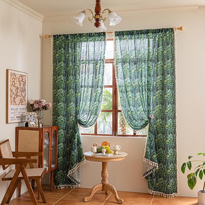 Deeprove Boho Curtains Tropical Botanical Leaves Print 63 Inches Long Fringes Natural Rainforest Plant Window Treatments for Summer Bedroom Aesthetic Privacy 2 Panels Pair 52W x 63L