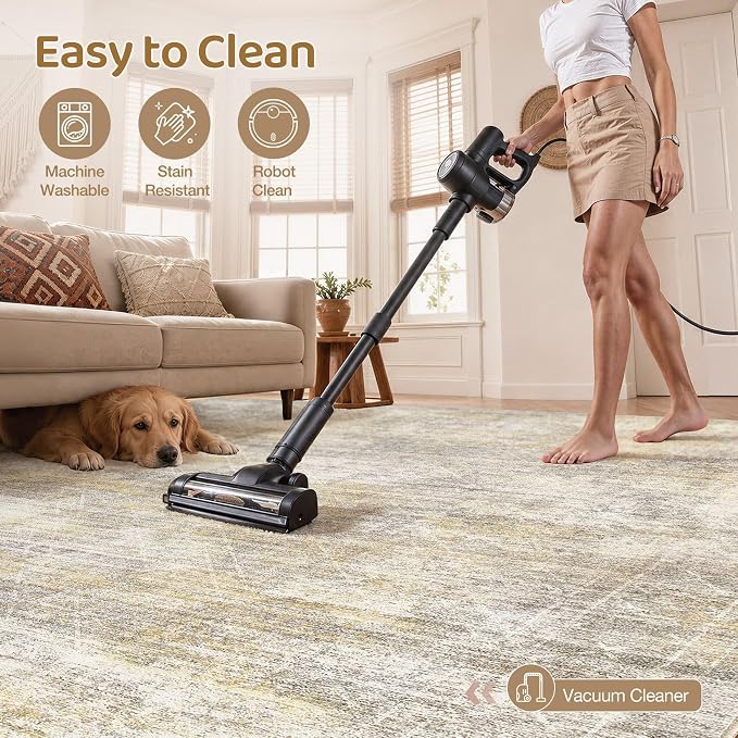 cotiled Washable Area Rugs 8x10 Living Room | Non Slip Backing, Stain Resistant, Pet Friendly, Large Neutral Soft Indoor Carpet For Bedroom, Nursery, Office, Gold/Brown