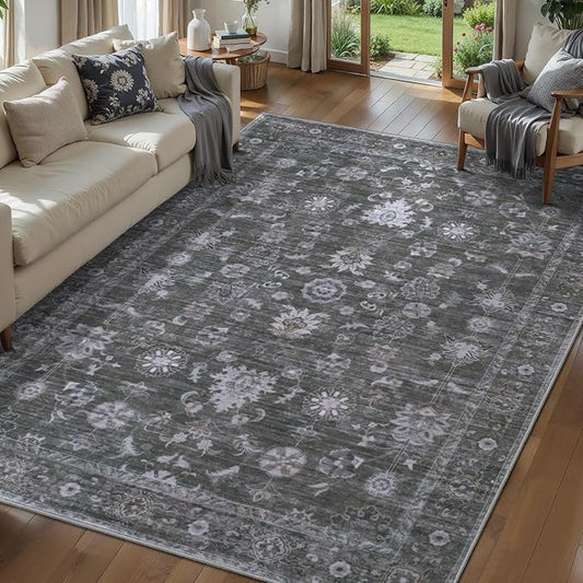 Tangsoo 5x7 Grey Rug for Living Room Non Slip, Washable Vintage Gray Floral Rug for Bedroom Laundry Office, Soft Low Pile Stain Resistance Retro Indoor Boho Carpet Mats for Farmhouse Dinning Room Mat