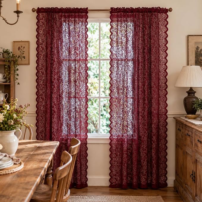 ALIGOGO Maroon Curtains 96 Inches Long, French Country Dark Floral Curtains for Dining Room, Privacy Rod Pocket Light Filtering Soild Color Sheer Wine Red Lace Drapes for Window, 52W x 96 Inch