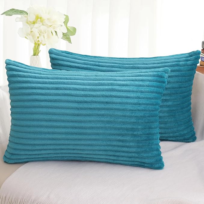Simmore Decorative Fall Throw Pillow Covers 12x20 Set of 2, Soft Natural Plush Flannel Double-Sided Fluffy Rectangle Pillow Covers for Couch Sofa Living Room, Teal