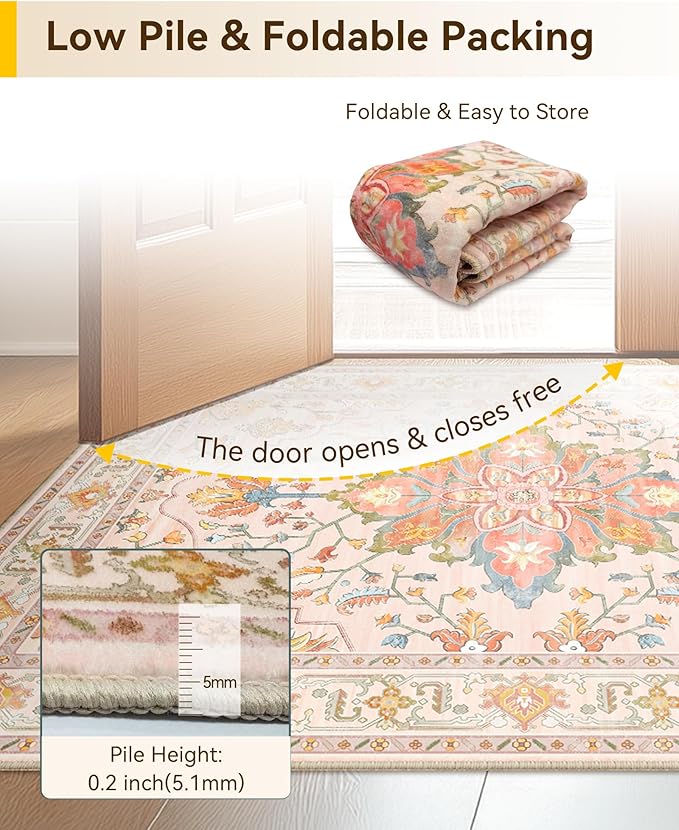 RELEANY Area Rugs 3'x4' Washable Non-Slip, Floral Vintage Distress Medallion Carpet for Living Room Bedroom Dining Room, Light Pink Colorful