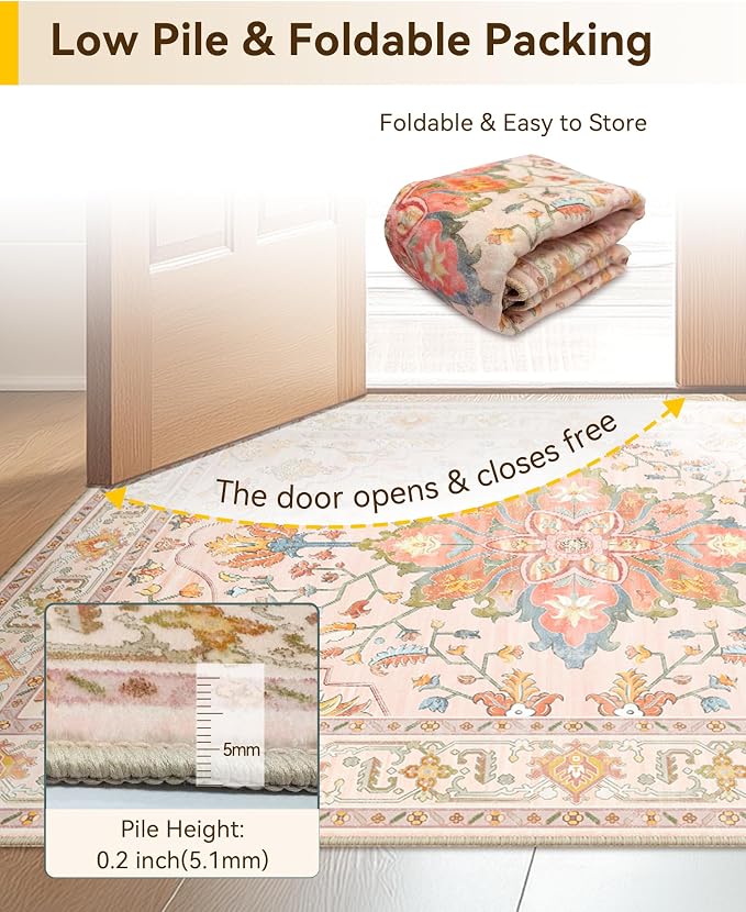 RELEANY Area Rugs 8'x10' Washable Non-Slip, Floral Vintage Distress Medallion Carpet for Living Room Bedroom Dining Room, Light Pink Colorful