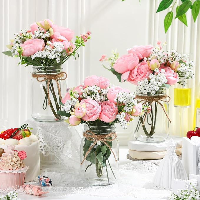 Zeyune 12 Sets Mason Jar Centerpiece Table Decorations, Artificial Peony Baby's Breath Flower Bouquets, Faux Flowers with Vase, Rustic Decor Gifts for Home, Wedding, Holiday (Light Pink)