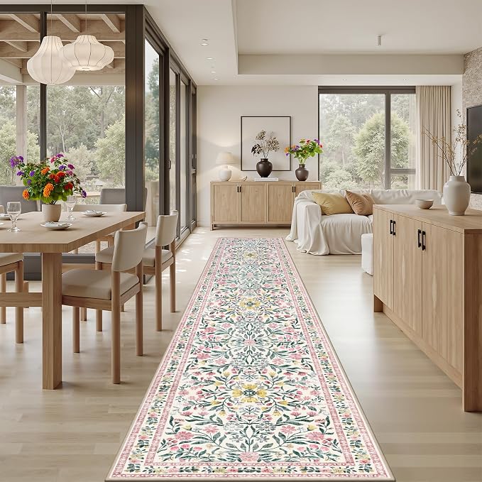 Runner Rug for Entryway: 2.6x14 Kitchen Rugs Non Slip Washable Ultra-Thin Soft Floral Carpet Indoor Floor Stain Resistant Carpets for Hallway Bedroom Kitchen Laundry Bathroom Dorm Pink/Green