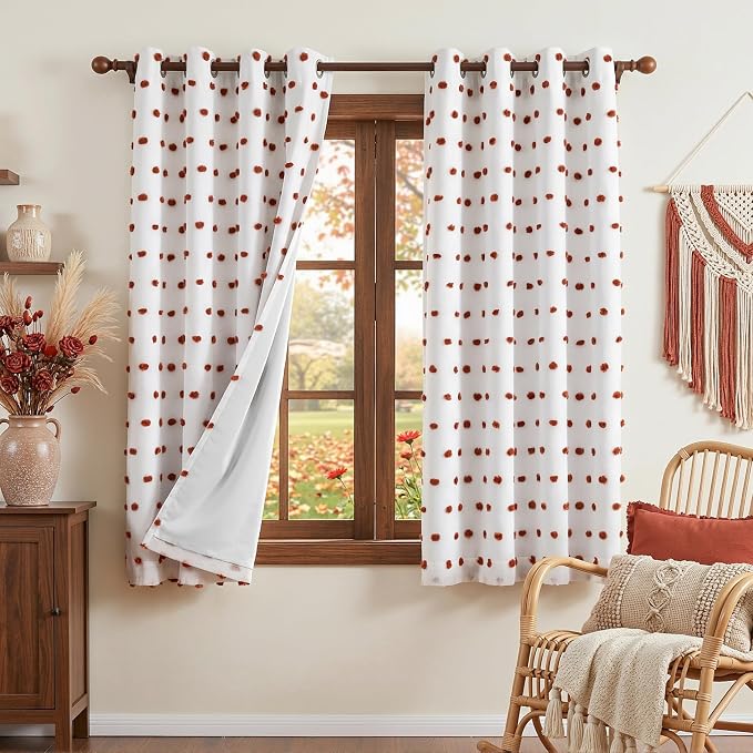 MYSKY HOME Blackout Boho Curtains for Bedroom 63 Inch Long Brick Red Pom Pom Curtains for Kids Room 100% Room Darkening Window Treatment 2 Layered Drapes Toddler Grommet 52W x 63L, 2 Panels