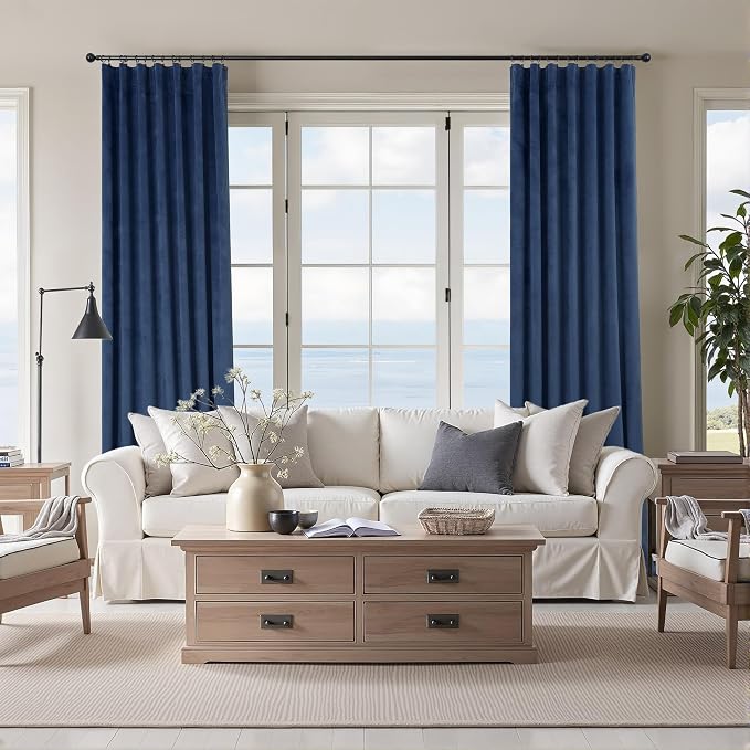 Navy Velvet Curtains 108 Inches Long 2 Panel for Patio Sliding Door Soundproof Light Blocking Solid Privacy Royal Blue Dark Out Drape for Bedroom Living Room Darkening Thermal Coastal Decor 9ft Length