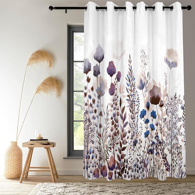 Renaiss Wild Flowers Blackout Curtains, Pastel Botanical Floral Print Thermal Insulated Bedroom Window Curtains, Nature Plants Window Drapes for Living Room, 84" L x 42" W 2 Panel Set