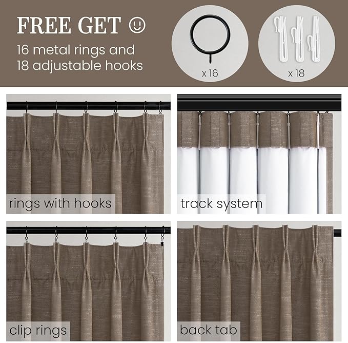 Topfinel 100% Blackout Pinch Pleated Curtains for Track System, Dark Flax Thick Blend Linen Bedroom Curtains, Decorative Elegant Lined Nursery Drapes 2 Panels Cozy Rustic Boho Style Dark Brown