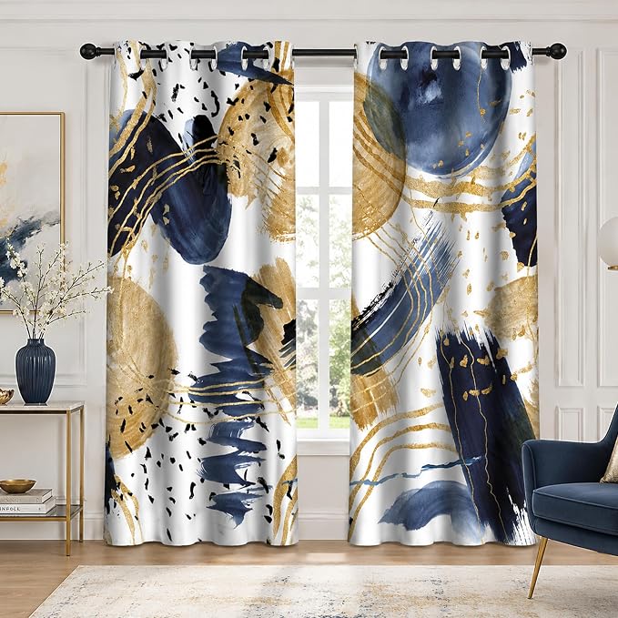 Abstract Blue Gold Blackout Curtain, Boho Aesthetic Modern Window Curtains Living Room Bedroom Decor Thermal Curtain Darkening Grommet Window Drapes Treatments, 2 Panels 52x96 Inch