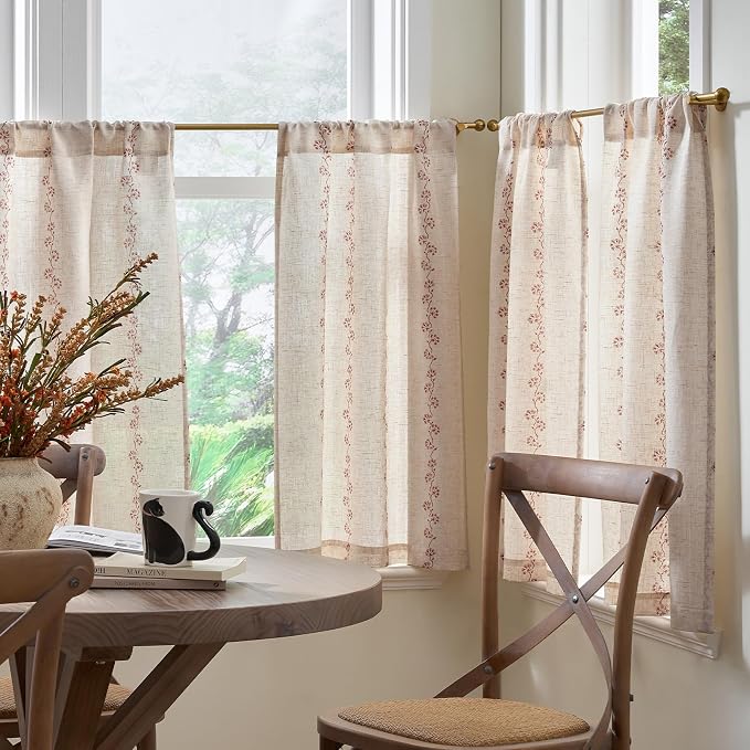 jinchan Katy Linen Floral Kitchen Curtains 30 Inches Length Stripe Cafe Curtains Farmhouse Cottagecore Tier Small Window Drapes for Living Room Light Filtering Rod Pocket 2 Panels Terracotta on Linen