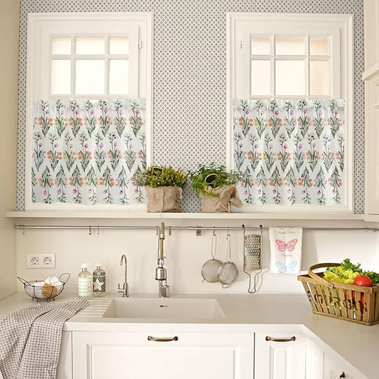 Kitchen Tier Curtains 36 inches Long, Vintage Flower Colorful Floral and Green Leaves Window Curtains for Living Room Bath,Rod Pocket Light Filtering Drapes Short Half Window Treatment Tiers 2 Panels