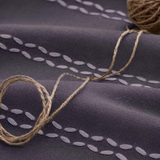 Gray Purple Boho Blackout Curtains 2 Panels 84 Inch for Living Room Bedroom, Linen Texture Farmhouse Curtains with Tassels and Purple Cotton Embroidery Vintage Rustic Country