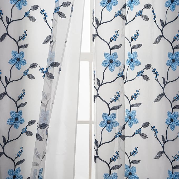 Petrichor Embroidered Sheer Curtain 2 Panels Set - Luxury Window Curtain Attached Valance with Satin Backing and 2 Tie Backs for Living Room,Dining Room, 54x84 inches, Navy