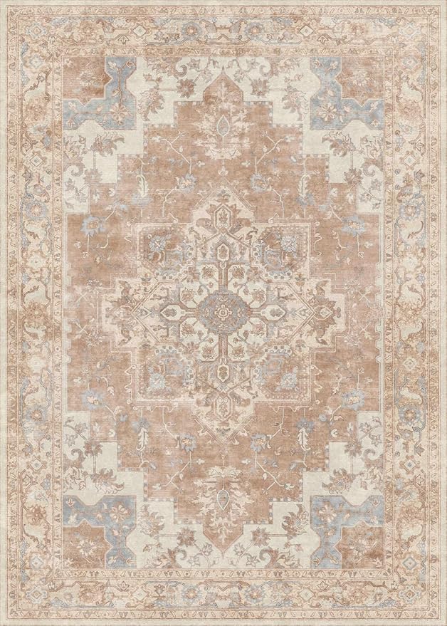 GENIMO 8x10 Area Rugs for Living Room, Machine Washable Non Slip Rugs, Low Pile Lightweight Vintage Print Rug for Bedroom, Dining Room, Home Office, Orange&Beige