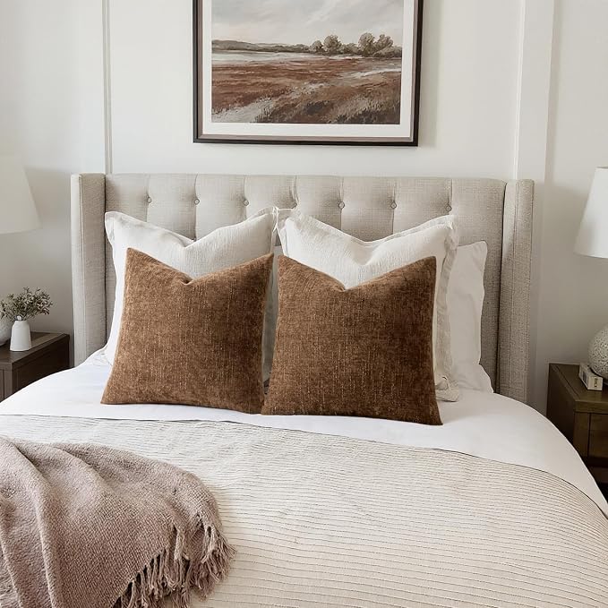 MIULEE Textured Pillow Covers 20x12 Inch Pack of 2,Honey Brown Soft Thick Solid Lumbar Decorative Chenille Throw Pillows Neutral Farmhouse Cushion Covers Modern Home Decor for Sofa Bedroom Living Room
