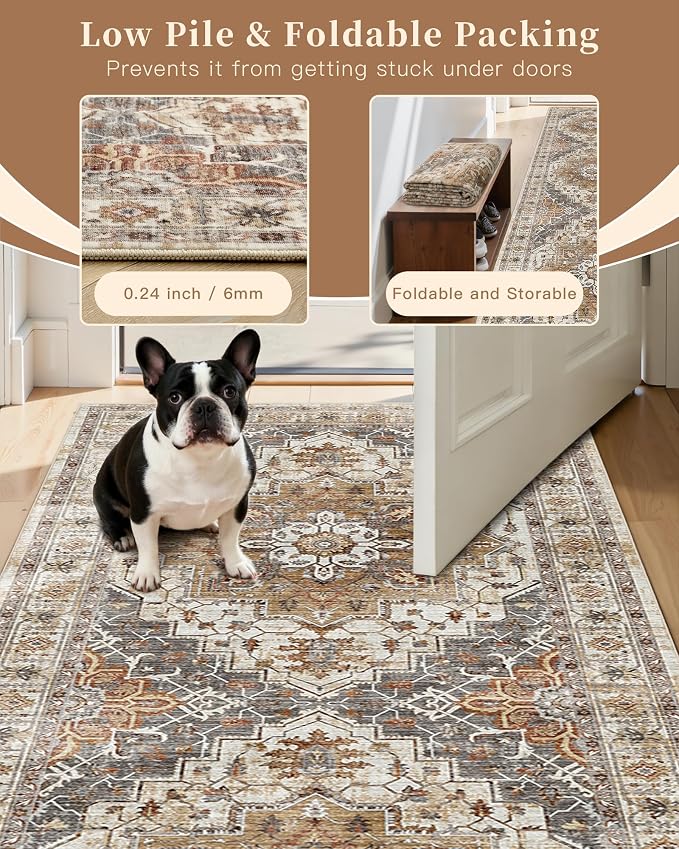 Madane Washable 9ft Circle Round Rug, 9x9 Circular Area Rugs, Turmeric/Grey | Non-Slip Vintage Floor Carpet for Living Room Dining Room, Low Pile Home Decor Mat For Bedroom Office Under Table