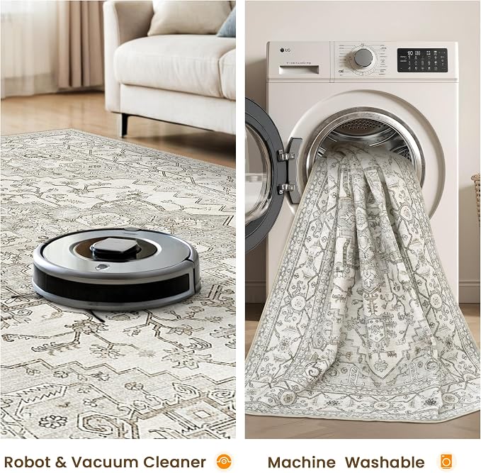 Washable 2x5 Hallway Runner Rug,Vintage Kitchen Entryway Rug Ultra Soft Living Room Bedroom Carpet with Non Slip Backing Indoor Low Pile Floor Mat for Bathroom Dining Room(2'x5',Beige)