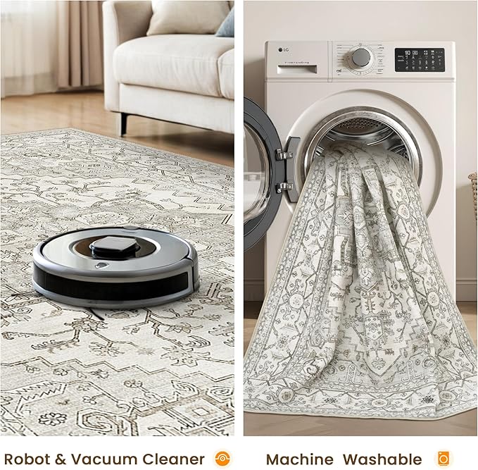Area Rugs for Living Room - 3x5, Boho Non-Slip Low Pile Carpet Machine Washable Rugs for Bedroom, Farmhouse, Office, Dining Room (Beige)