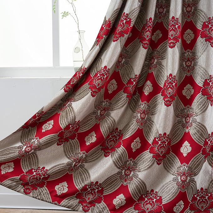 Petrichor Elegant Curtains with Gold Silver Threads 2 Panels Set - Luxury Window Treatment Attached Valance, Sheer Backing, and 2 Tie Backs for Bedroom and Living Room, 54x63 inches, Red