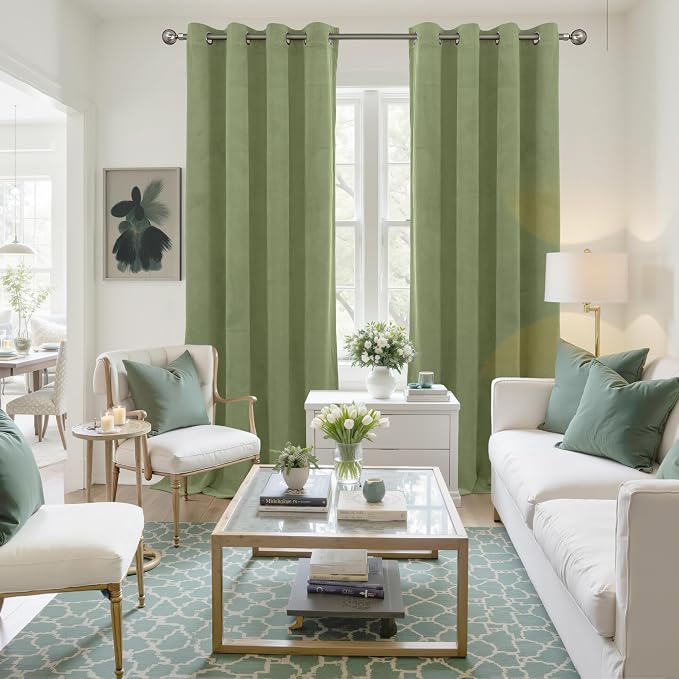 YoungsTex 90 Inch Sage Green Velvet Blackout Curtains, Grommet Room Darkening Window Drapes Privacy Protection Floor Length for Bedroom, 2 Panels, 52 X 90 Inch