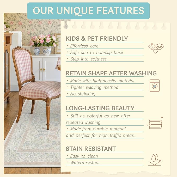 Cottagecore Floral 4x6 Pink and Blue Girls Vanity Rug - Washable Indoor Rugs for Bedroom, Entryway, Kitchen, Pastel Pink Reading Rug for Classroom, Nuresry, Non Skid & Low Pile Soft Carpet