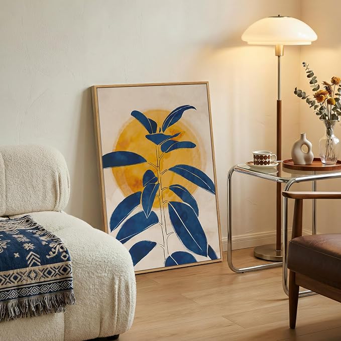 Framed Abstract Boho Blue Yellow Wall Art for Living Room, Mid Century Modern Sun and Leaf Canvas Artwork for Walls, Vertical Paintings Prints Pictures Wall Decor for Bedroom Kitchen Home, 24x36 Inch