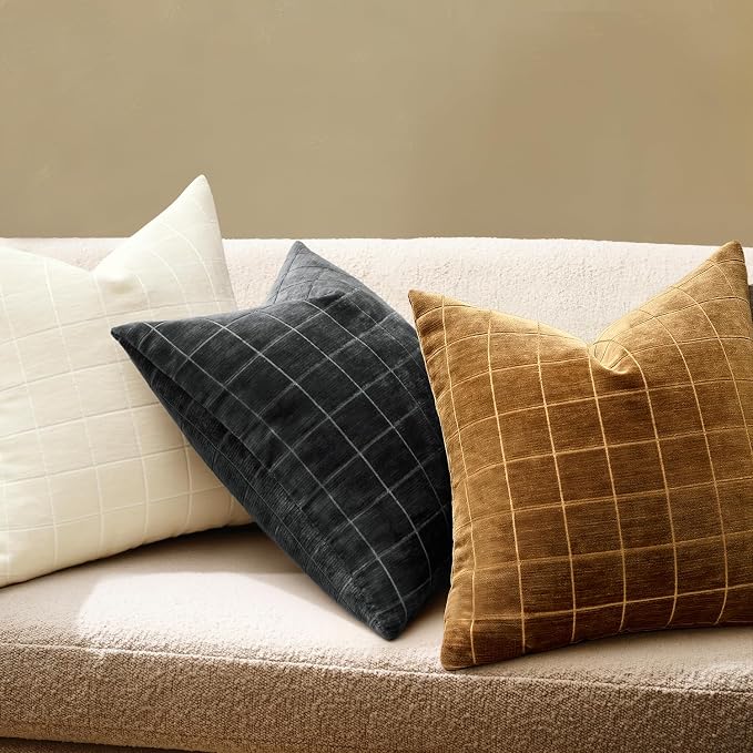 MIULEE Black Plaid Decorative Throw Pillow Covers 18x18 Set of 2 | Vintage Check Chenille Couch Pillows Neutral Boho Farmhouse Cushion Covers Modern Home Decor for Sofa Bed Living Room