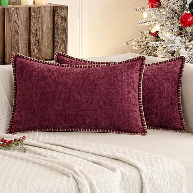 MIULEE Pack of 2 Lumbar Throw Pillow Covers 12x20 Inch Burgundy Red Farmhouse Decorative Pillow Covers with Stitched Edge Soft Chenille Solid Dyed Pillow Covers for Couch Sofa Bed Living Room