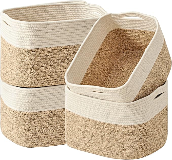 ICERZCZ Storage Baskets for Organizing & Shelves, Woven Cotton Rope Organization Bins for Dog Toys, Clothes, Books, Nursery Organizer, 15" Lx11''Wx9.5''H, (4 Packs) Off White & Brown