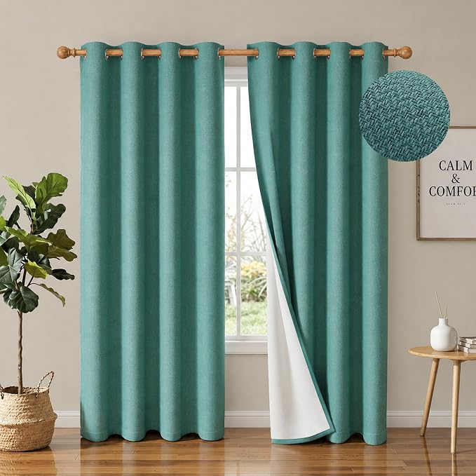 4 Panels 100% Blackout Linen-Textured Curtains, Thick Thermal Insulated Grommet Drapes with Subtle Herringbone Weave, Luxury Decor for Bedroom/Living Room, 54 x 84 Inches, Teal