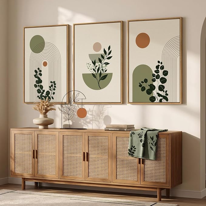 3 Piece Large Framed Abstract Boho Wall Art for Living Room, Minimalist Green Beige Canvas Artwork for Walls, Botanical Sage Green Plant Prints Paintings for Bedroom Dining Room 20x30 Inch
