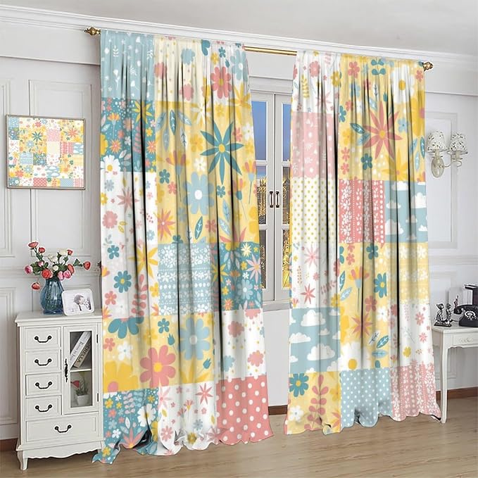 Boho Patchwork Floral Blackout Curtains Retro Rustic Flowers Plants Vintage Farmhouse Print Window Drapes for Bedroom Living Room Kitchen Cafe （W31.5xL72 Inch） x2 Panels