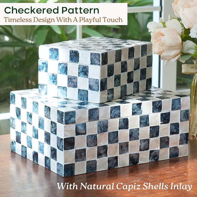 Chi An Home 12", 8" Capiz Inlaid Boxes with Lids, Navy Blue Capiz Shells Checkered Decorative Storage Boxes for Home Décor, Memory Box Keepsake Box for Photos, Letters, Accessories, Set of 2