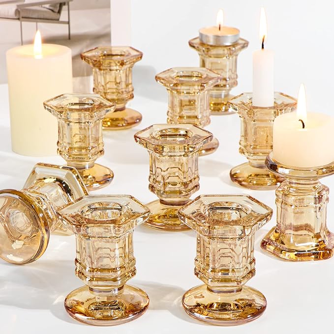 Lanttu 12 Pcs Gold Glass Candle Holders Set Candlestick Holders Bulk | Taper Candle Holders for Wedding, Festival Table Centerpiece,Home Decoration