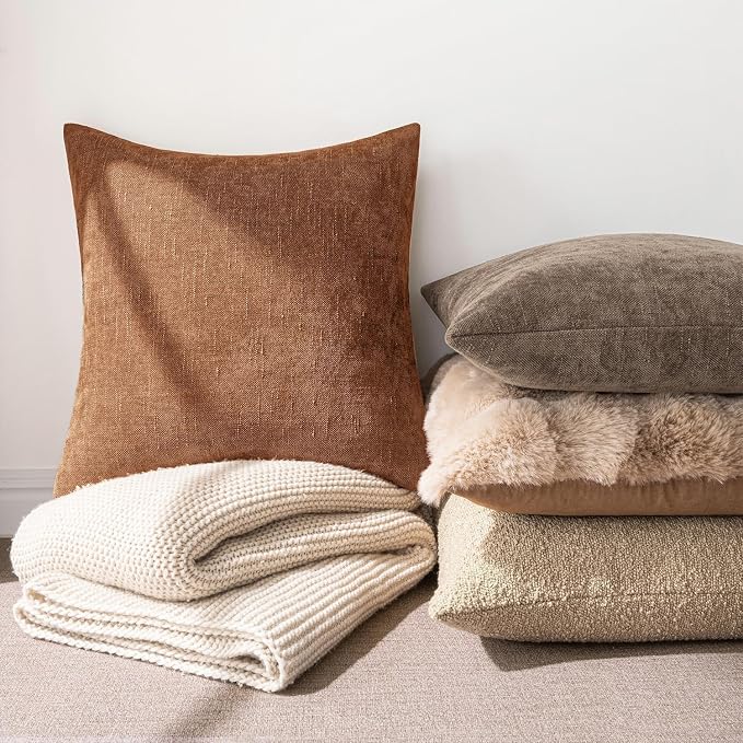 MIULEE Textured Pillow Covers 26x26 Inch Pack of 2,Pecan Brown Soft Thick Euro Solid Decorative Chenille Throw Pillows Neutral Farmhouse Cushion Covers Modern Home Decor for Bed Couch Living Room