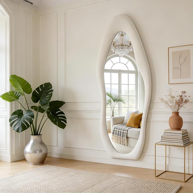 Dewfig Full Length Mirror, 63" x 24"Irregular Mirror, Large Floor Length Mirrors Wall Mounted, Standing Mirrors with Flannel Wrapped Wooden Frame for Bedroom/Living Room, White