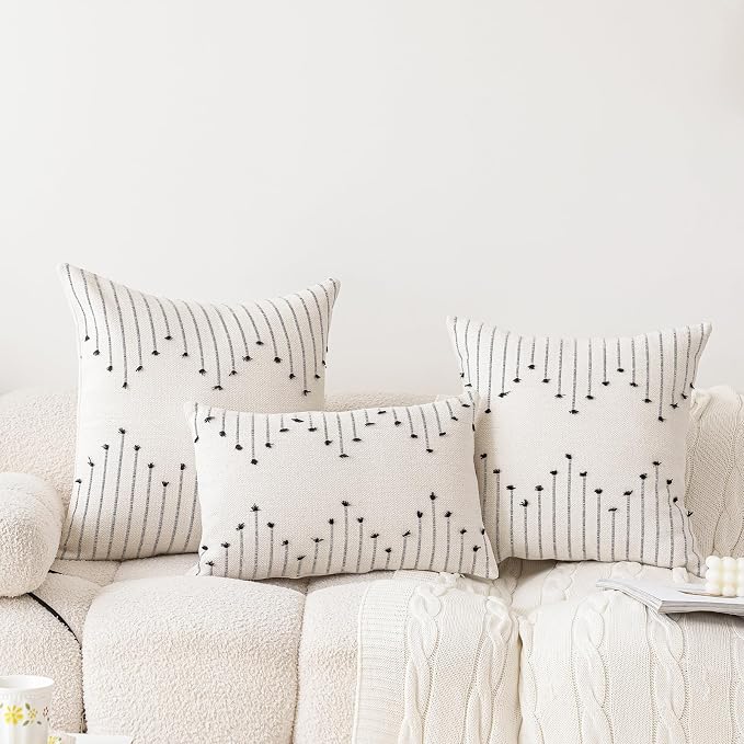 LILEPOY Boho Throw Pillow Covers 12x20 Set of 2 Neutral Decorative Textured Cushion Case Farmhouse Pillowcase Modern Lumbar Pillow Covers for Sofa,Couch, Living Room,Beige and Black