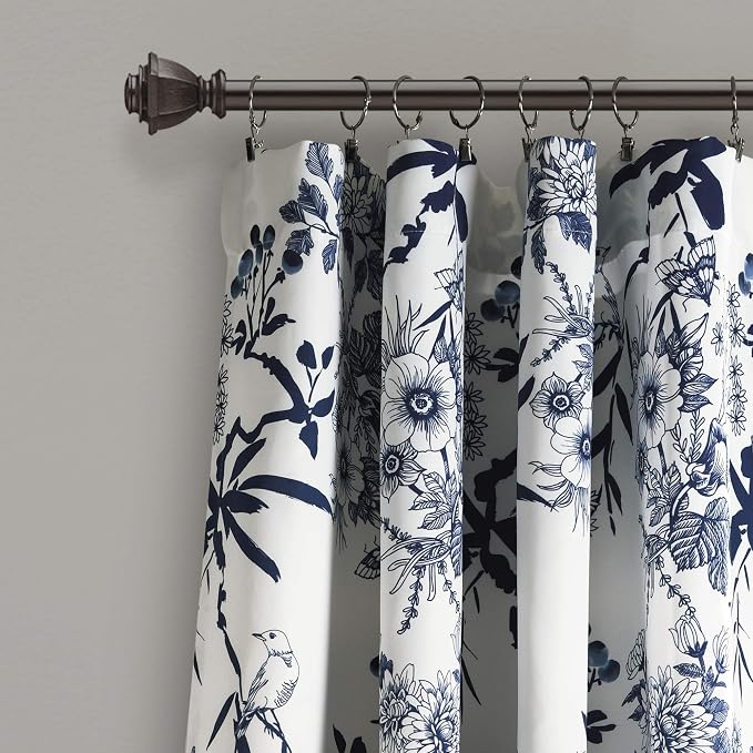 Lush Decor Botanical Garden Curtains Floral Bird Print Light Filtering Window Panel Drapes Set for Living, Dining, Bedroom (Pair), Navy, 52"W x 84L"