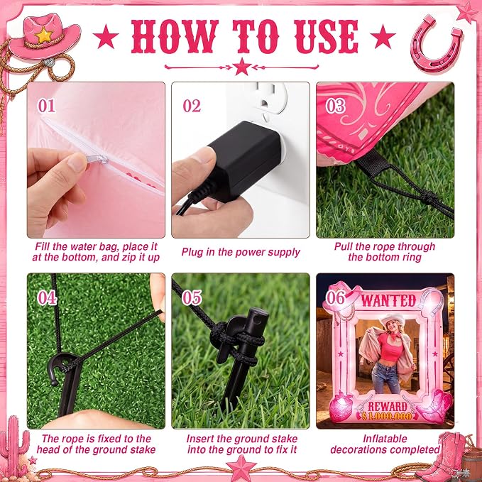 Soulchen 6 x 5 ft Pink Western Wanted Inflatable Decoration with Led Lights and Built-in Blower Perfect for Cowboy Party Decor Western Themed Birthdays and Vintage Country Events