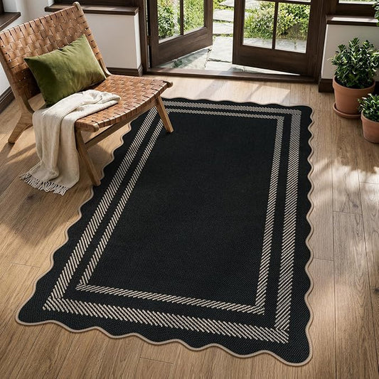 LIVEBOX Scalloped Easy Jute 3x5 Outdoor Rug, Black Washable Rugs for Entryway Kitchen, Indoor Outdoor Farmhouse Neutral Rug Modern Carpet Door Mat Area Rug for Patio Bedroom Living Room Porch Entry
