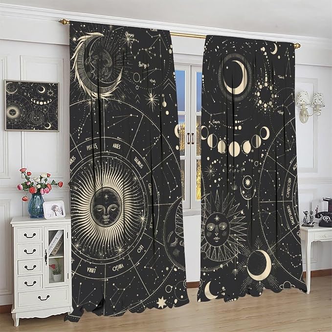 Golden Sun Moon Blackout Curtains, Starry Retro Bohemian Sun Moon Star Mysterious Universe Retro Window Drapes, for Bedroom Living Room 63" W X 72" L