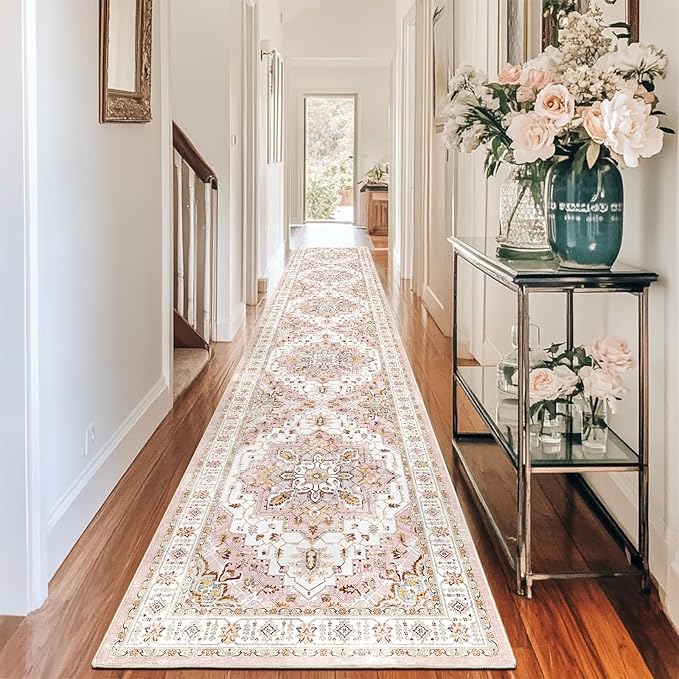 Madane Washable Runner Rugs 2x12 Long for Hallway Kitchen Soft, Pink | Non-Slip Vintage Printed 12ft Rug Runners with Rubber Backing, Low-Pile Floor Carpet Laundry Room Entryway, Corridor